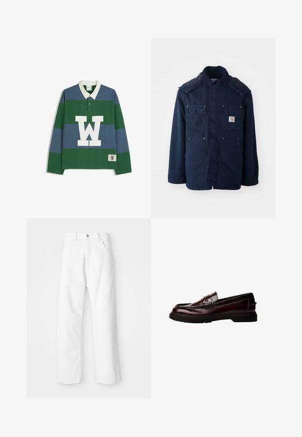 Tamno plava topla jakna s dugmadi sprijeda, dva džepa na prsima i valovitim dizajnom na ramenima. Izrađena od čvrstog materijala.; Polo majica dugih rukava s horizontalnim prugama u zelenoj i plavoj boji, bijela vrata i veliki bijeli logotip "W" na prednjoj strani s detaljem oznake.; Bijele traperice ravnog kroja s prednjim kopčanjem na gumb i patentni zatvarač, pet džepova i čistom, teksturiranom završnom obradom.; Smeđe kožne mokasine s okruglim prstima, detaljnim šavovima i gumenim potplatom. Sadrže dekorativnu traku, glatku teksturu.