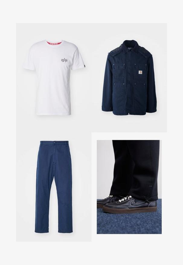 Tengerészkék szigetelt dzseki gombos elejével, két mellzsebbel és steppelt váll kialakítással. Strapabíró anyagból készült.; Fehér pamut póló, kis grafikával a bal mellen, kerek nyakkal és rövid ujjal, piros belső címkével.; Tengerészkék, egyenes lábú, pamut nadrág. Elöl gombos záródással és finom textúrával rendelkezik, oldalzsebekkel és övhurkokkal.; Nike Sportswear KILLSHOT 2 LTR PRM OPP2 - Sportcipő - black sail baroque brown mtlc dk grey