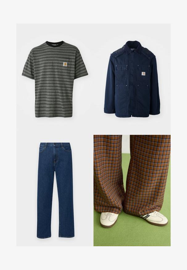 Jūras zila izolētā jaka ar pogu aizdari, divām krūšu kabatām un izšūtu plecu dizainu. Izgatavota no stipra auduma.; Svītraina īsām piedurknēm T-kreklu pelēkā un melnā krāsā, ar apli pie kakla un mazu logo uz krūtīm. Mīksta, teksturēta auduma.; Tumši zilas taisnas kājas denim bikses ar priekšējām kabatām un pogu aizdari, izvietotas uz vienkārša baltā fona.; Brūni un zili rūtaini platās kājas bikses, kas savienotas ar baltām kurpēm ar melniem akcentiem un teksturētām zolēm, uz zaļa fona.