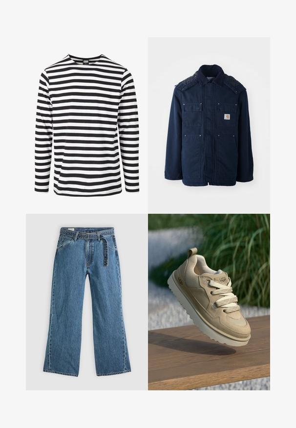 Jūras zila izolētā jaka ar pogu aizdari, divām krūšu kabatām un izšūtu plecu dizainu. Izgatavota no stipra auduma.; Melnbalts garām piedurknēm svītrots krekls ar apaļu kakla izgriezumu, izgatavots no mīksta auduma, ar horizontālām svītrām vienādā platumā.; Zilas džinsa platās kājas bikses ar pievienotu jostu, priekšējām kabatām un redzamiem šuvumiem uz vienkārša gaiša fona.; Beidzs sporta apavi ar acu un zamšāda materiāliem, ar plakanu šņorēm, izteiktu logo un teksturētu zoli, novietoti uz koka virsmas.