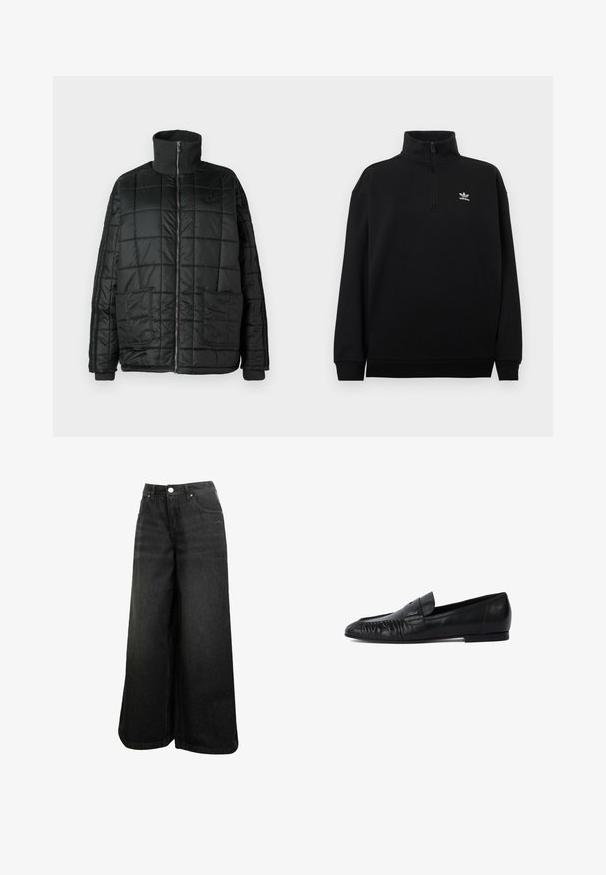 Čierna prešívaná bunda s vysokým golierom, predným zipsom, dvoma veľkými vreckami a prešívaným dizajnom. Obsahuje rebrované manžety a golier pre dodatočné teplo.; Čierna mikina so štvrtinovým zipsom z mäkkého materiálu, s vysokým golierom, rebrovanými manžetami a malým bielym logom Adidas na hrudi.; Čierne široké rifľové nohavice s vysokým pásom, predným gombíkom, vreckami a subtilným logom na prednom vrecku.; Čierne kožené poltopánky s okrúhlym špičkou, so šitím na prednej strane a plochou podrážkou. Minimalistický dizajn s nenápadným logom.