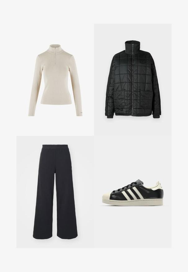 Fekete párnázott dzseki magas gallérral, elülső cipzárral, két nagy zsebbel és steppelt mintázattal. Bordás mandzsetta és nyak biztosítja a plusz meleget.; Világos bézs színű, hosszú ujjas, garbós felső bordás anyagból, nyakán negyed cipzárral és testhezálló fazonnal.; Fekete, bő szárú melegítőnadrág, puha anyagból készült, rugalmas derékkal és egy kis logóval a bal oldalon.; Fekete bőrsneaker fehér csíkokkal, gumírozott orral, fekete fűzővel és krém színű talppal. Simaság és fényes felület jellemzi.