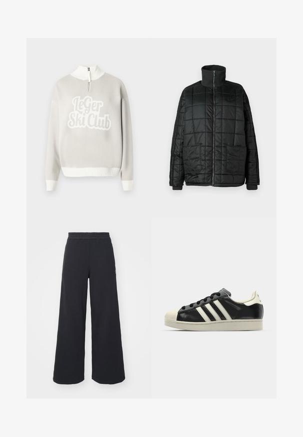 Chaqueta acolchada negra con cuello alto, cremallera frontal, dos grandes bolsillos y diseño acolchado. Cuenta con puños y cuello de canalé para mayor calidez.; Suéter gris claro con dobladillo y cuello acanalados en blanco, con un diseño texturizado destacado que dice "Le Ger Ski Club" en la parte delantera. Cremallera medio abierta.; Pantalones de chándal negros de pierna ancha, hechos de una tela suave, con una cintura elástica y un pequeño logo en el lado izquierdo.; Zapatilla de cuero negro con rayas blancas, puntera de goma, cordones negros y suela color crema. Textura suave con acabado brillante.