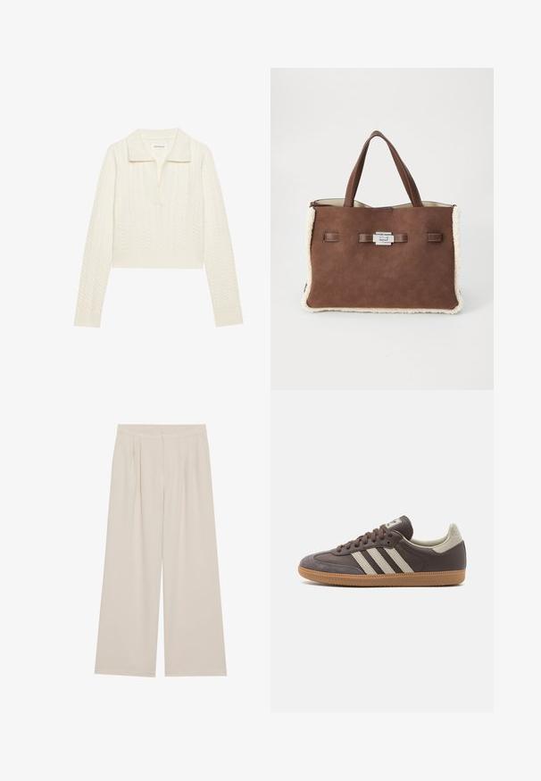 Black padded jacket with a high collar, front zip, two large pockets, and quilted design. Features ribbed cuffs and neck for added warmth.; Cropped sweater in cream, featuring a cable knit pattern, a wide collar, and ribbed cuffs. Made from soft, textured fabric.; Beige wide-leg trousers with a flat front, pleats, and an elastic waistband. Made from a lightweight fabric with a smooth texture.; Brown leather sneaker with three light-colored stripes, rubber gum sole, rounded toe, and textured suede accents on the heel and toe.; Brown suede tote bag with soft cream shearling trim, double handles, and a silver rectangular clasp closure on a plain white background.