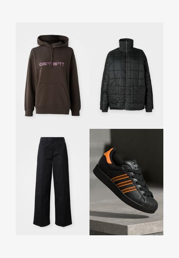 Sort foret jakke med høj krave, lynlås foran, to store lommer og quiltet design. Har ribbede manchetter og krave for ekstra varme.; Brun hættetrøje med frontlomme, prydet med pink skrift af mærket "carhartt." Fremstillet af blød stof med tekstureret finish.; Sorte brede bukser lavet af blødt bomuldsstof. Har en klassisk talje, sidelommer og en lige skæring til kanten.; Sort sneakers med orange detaljer, tre vandrette striber, tekstureret læderoverdel, gummikappe og sorte snørebånd.