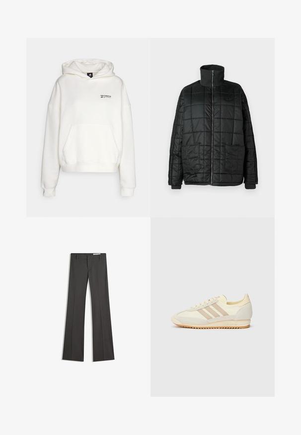 Czarna ocieplana kurtka z wysokim kołnierzem, zamek z przodu, dwie duże kieszenie i pikowane wykończenie. Posiada prążkowane mankiety i kołnierz dla dodatkowego ciepła.; New Balance LINEAR HERITAGE mleczny; Szare spodnie w fasonie dzwonów, wykonane z gładkiego materiału, z płaskim przodem, paskami do paska oraz skrojonym krojem o czystych liniach.; Kremowe sportowe sneakersy z trzema beżowymi paskami, wykonane z zamszu i materiałów tekstylnych, z teksturowaną podeszwą oraz wytłoczonym logo na pięcie.