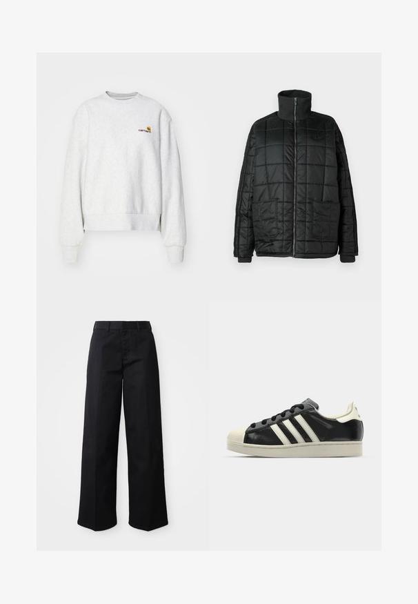 Černá polstrovaná bunda s vysokým límcem, předním zipem, dvěma velkými kapsami a prošívaným designem. Obsahuje žebrované manžety a límec pro zvýšení tepla.; Šedá mikina s kulatým výstřihem vyrobená z měkké tkaniny s žebrovanými manžetami a lemem; má na hrudi vyšitý logo v žluté a vínové barvě.; Černé široké kalhoty vyrobené z měkké bavlněné tkaniny. Mají klasický pas, boční kapsy a rovný střih ke spodnímu okraji.; Černé kožené sneakers s bílými pruhy, gumovou špičkou, černými tkaničkami a krémovou podešví. Hladký povrch s lesklým finišem.