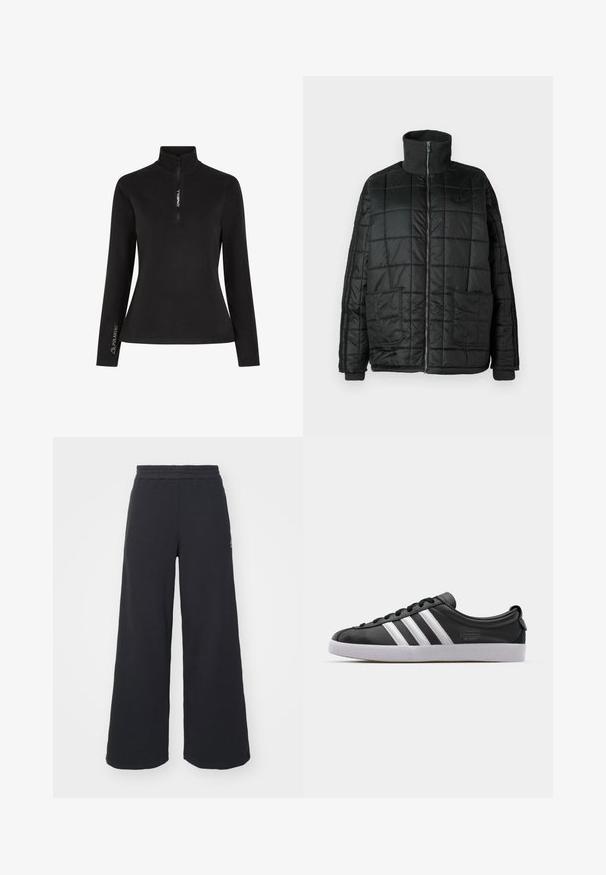 Melns polsterēts mētelis ar augstu apkakli, priekšējo rāvējslēdzēju, divām lielām kabatām un izšuvuma dizainu. Tajā ir ribotas aproces un apkakle papildu siltumam.; Melna garām piedurknēm pulovers ar pus-izvilkuma apkakli. Iekļauj "ONEILL" logo priekšpusē un "POLARTEC" zīmolu uz piedurknes, izgatavots no mīksta auduma.; Melni platās svārku bikses, izgatavotas no mīksta auduma, ar elastīgu jostas daļu un mazu logotipu kreisajā pusē.; Melnas ādas sporta kurpes ar baltu trīs svītru dizainu, noapaļota purngala forma, plāns balts gumijas zole un zīmola detaļa sānos.