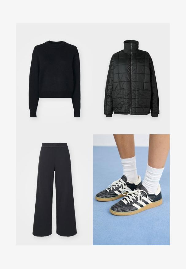 Black padded jacket with a high collar, front zip, two large pockets, and quilted design. Features ribbed cuffs and neck for added warmth.; Black cropped sweater with a round neck, long sleeves, textured knit fabric, and ribbed cuffs and hem. Simple and modern design.; Black wide-leg sweatpants made from soft fabric, featuring an elastic waistband and a small logo on the left side.; Black leather sneakers with white stripes, round toe, white laces, and gum rubber sole. Accentuated by padded collar and branding details.