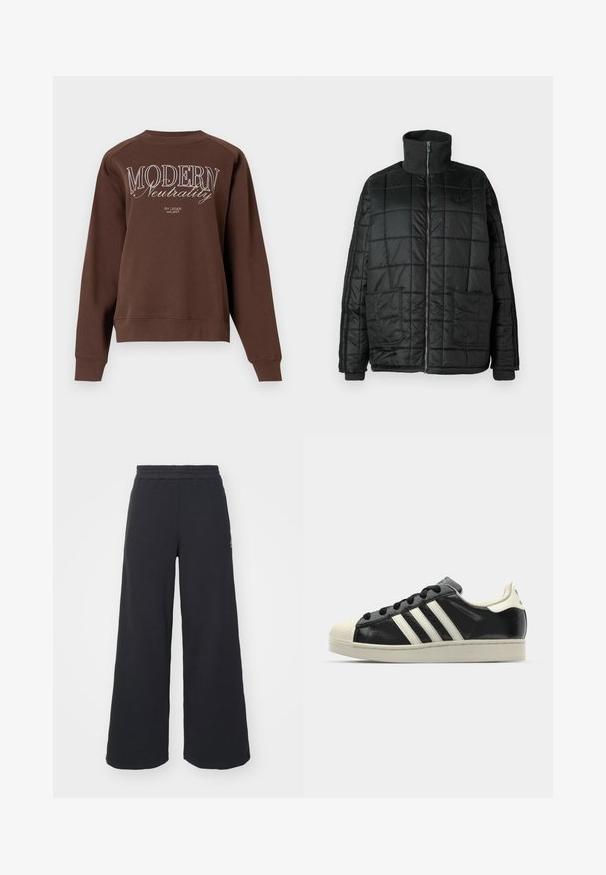 Zwarte gewatteerde jack met hoge kraag, voorrits, twee grote zakken en een doorgestikt design. Voorzien van ribbelmanchetten en kraag voor extra warmte.; Bruine sweatshirt met een ronde hals, lange mouwen en de tekst "MODERN Neutrality" in het wit afgedrukt op de achterkant. Zachte stofstructuur.; Zwarte wijde sweatpants gemaakt van zachte stof, met een elastische tailleband en een klein logo aan de linkerkant.; Zwarte leren sneaker met witte strepen, rubberen teenbescherming, zwarte veters en een crèmekleurige loopzool. Glad oppervlak met een glanzende afwerking.