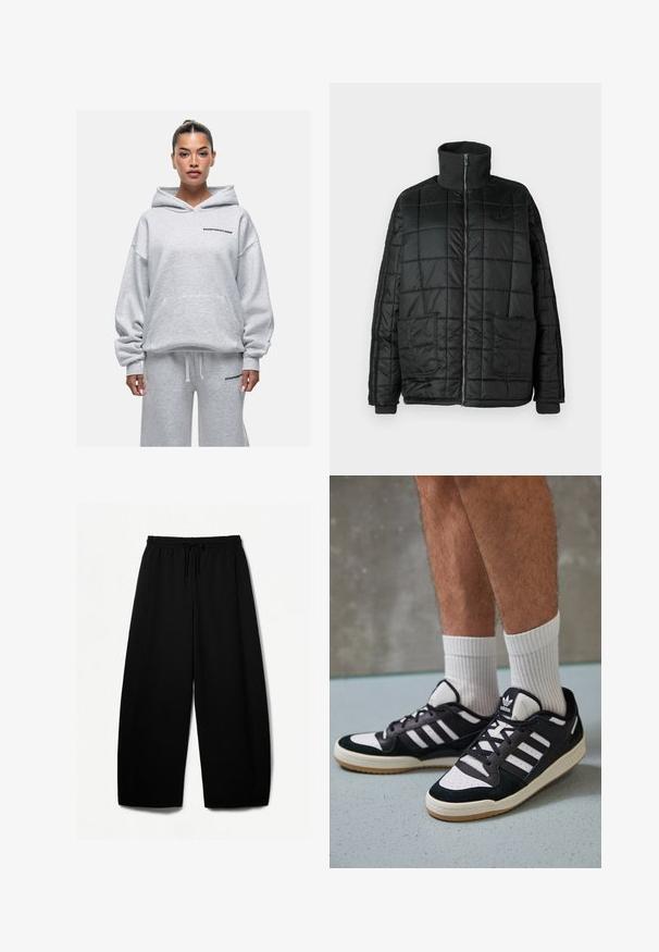 Zwarte gewatteerde jack met hoge kraag, voorrits, twee grote zakken en een doorgestikt design. Voorzien van ribbelmanchetten en kraag voor extra warmte.; Good For Nothing Hoodie - grey; Zwarte broek met wijde pijpen, voorzien van een elastische tailleband en een trekkoord. Zachte stof met een gladde textuur. Rechte snit met zijnaad.; Zwart-witte sneakers met een bovenwerk van suede en leer, voorzien van drie witte strepen, een geperforeerde neus en een rubberen gumzool.