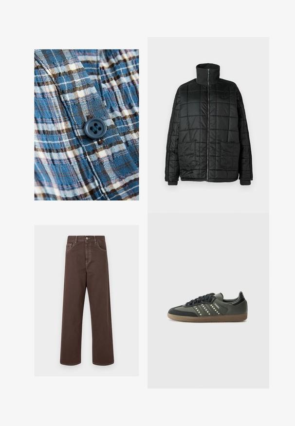 Must-valge puhvis jakk kõrge kaelusega, esiosal tõmblukk, kaks suurt taskut ja tikandiga disain. Omab ribatud mansette ja kaelust, et pakkuda rohkem soojust.; Sinine ja kreemjas ruuduline kangas, millel on nööbidetail. Materjal on kerge ja tekstureeritud, mustri sees on tumeda pruuniga aktsente.; Pruunid laiad denimipüksid kontrastsete õmblustega, viie tasku ja metallnupuga sulgu. Sile tekstuur, sirge lõige.; adidas Originals SAMBA OG - Tossud - core black/legend earth/gum