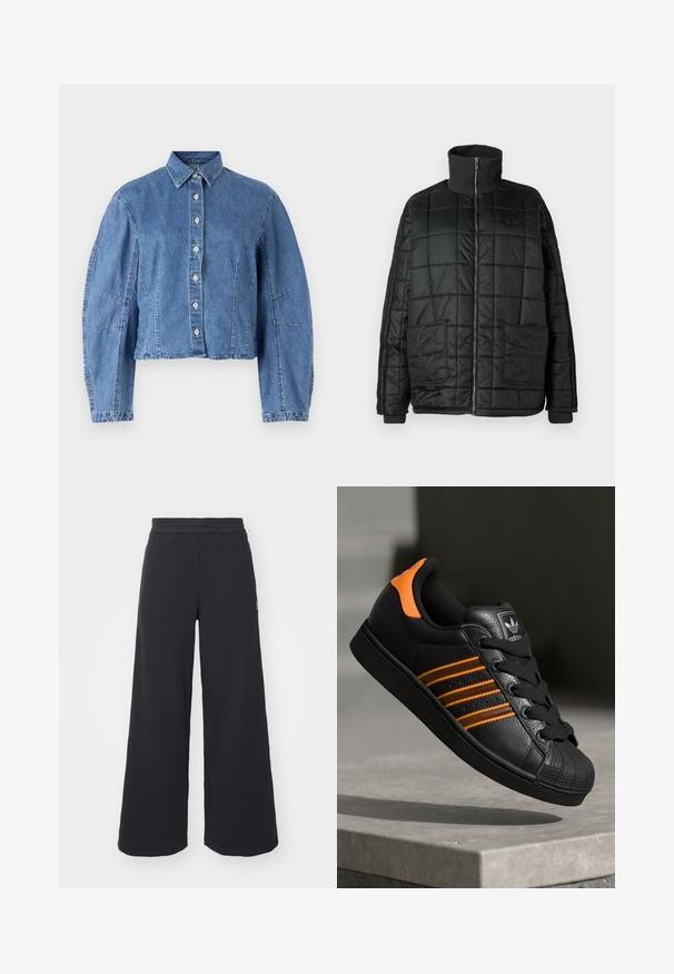 Svart polstret jakke med høy krage, frontglidelås, to store lommer og quiltet design. Har ribbestrikkede mansjetter og krage for ekstra varme.; Kuttet denimjakke i lys blå, med knapping foran, spiss krage og puffede ermer med sidesømmer.; Svart bukse med vid benvidde laget av myk stoff, med elastisk midjebånd og en liten logo på venstre side.; Svart sneaker med oransje detaljer, tre horisontale striper, teksturert skinnoverdel, gummitå, og svarte lisser.