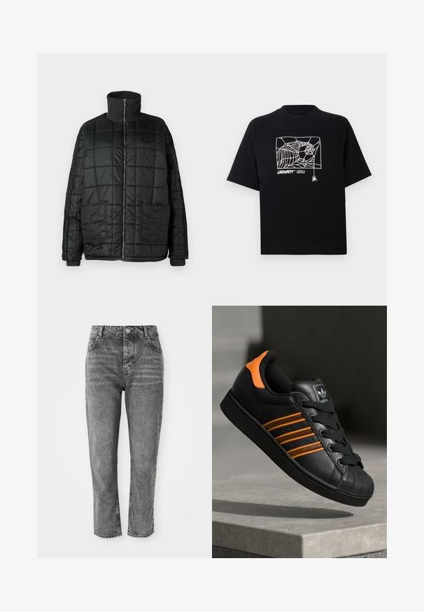 Chaqueta acolchada negra con cuello alto, cremallera frontal, dos grandes bolsillos y diseño acolchado. Cuenta con puños y cuello de canalé para mayor calidez.; Camiseta negra de algodón con mangas cortas. Presenta un gráfico de telaraña blanca y un logo en la parte frontal. Cuello redondeado simple.; Jeans de mezclilla gris con una cintura alta, corte recto, que presentan bolsillos frontales y un pequeño detalle de botón de metal en la cinturilla.; Zapatilla negra con acentos naranjas, tres franjas horizontales, parte superior de cuero texturizado, punta de goma y cordones negros.