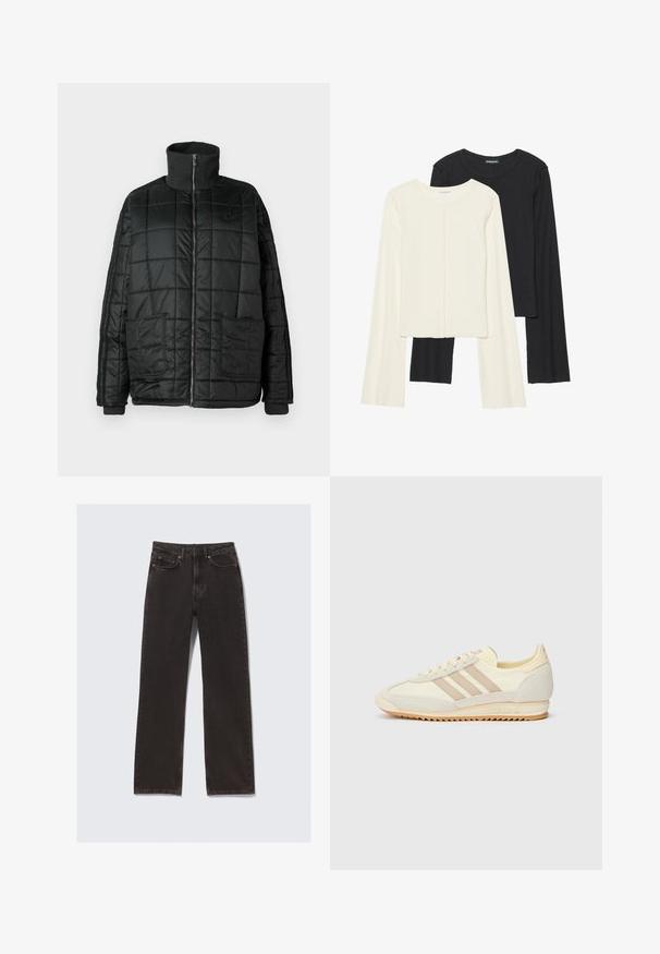 Crna podstavljena jakna s visokim ovratnikom, prednjim zatvaračem, dva velika džepa i kviltanim dizajnom. Ima rebraste manžete i ovratnik za dodatnu toplinu.; Set od dvije duge majice s dugim rukavima u bijeloj i crnoj boji. Rebrasta tekstura, okrugli izrez, uski kroj s blago raširenim rukavima.; Crne traperice s ravnim krojem, s prednjim džepovima, petljama za remen i suptilnim detaljima šivanja. Izrađene od izdržljive pamučne tkanine.; Kremaste atletske tenisice s tri bež pruge, od nubuk kožne i tekstilne tkanine, s teksturiranim potplatom i utisnutim brendiranjem na peti.