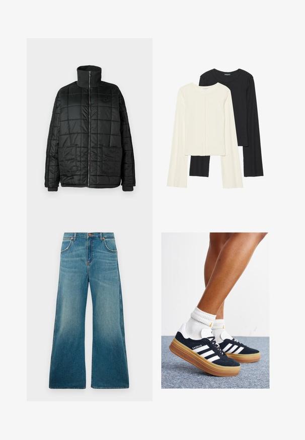 Chaqueta acolchada negra con cuello alto, cremallera frontal, dos grandes bolsillos y diseño acolchado. Cuenta con puños y cuello de canalé para mayor calidez.; Conjunto de dos camisetas de manga larga en blanco y negro. Textura acanalada, cuello redondo, diseño ajustado con mangas ligeramente acampanadas.; Jeans de mezclilla azul de tiro alto con perneras anchas, bolsillos frontales, cierre de botón y un degradado de color desgastado que va desde la cintura hasta el dobladillo.; Zapatillas deportivas de gamuza negra con rayas y detalles blancos, puntera redondeada, suela de goma color caramelo, combinadas con calcetines blancos acanalados a la altura del tobillo.