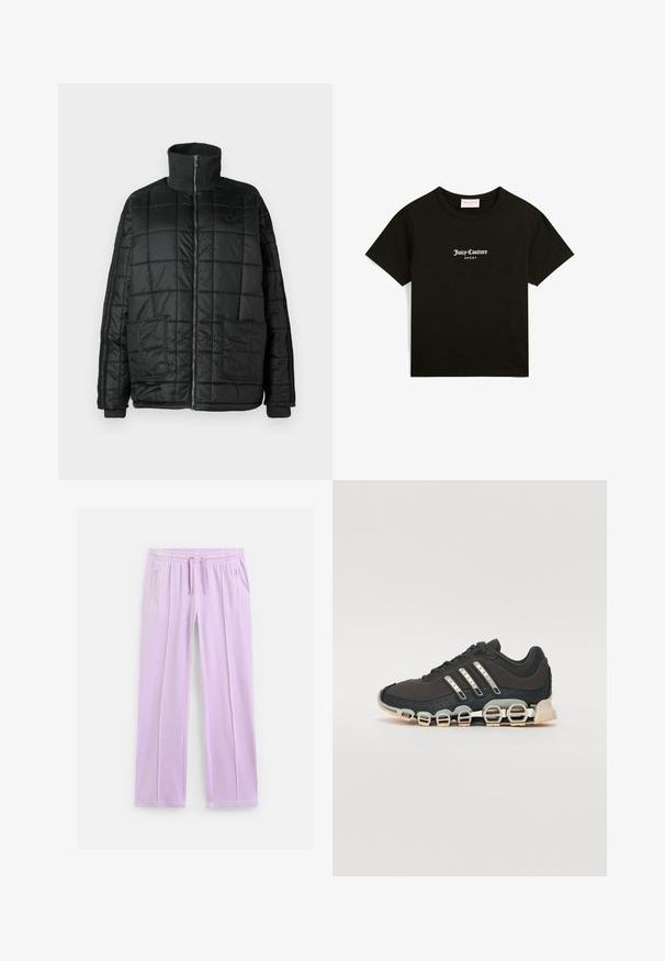 Črna oblazinjena jakna z visokim ovratnikom, sprednjim zadrgo, dvema velikima žepoma in prešito zasnovo. Ima rebraste manšete in ovratnik za dodatno toploto.; Črna bombažna majica s kratkimi rokavi in okroglo ovratnikom, na sprednji sredini pa je bel napis "Juicy Couture SPORT".; Svetlo vijoličaste hlače s ravnimi hlačnicami, elastičnim pasom, nastavljivimi vrvicami in stranskimi žepi z zadrgo.; Črne športne čevlje z teksturiranim zgornjim delom, tremi srebrnimi črtami in značilno blažilno podplatom, ki vključuje več integriranih delov.