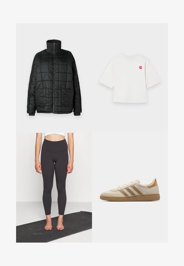 Zwarte gewatteerde jack met hoge kraag, voorrits, twee grote zakken en een doorgestikt design. Voorzien van ribbelmanchetten en kraag voor extra warmte.; Witte T-shirt met korte mouwen, gemaakt van katoen. Heeft een klein rood vierkant logo op de linkerborst. Recht gesneden. Zachte textuur.; Hoge taille zwarte leggings van gladde, rekbare stof met een getailleerde pasvorm, eindigend bij de enkel. Combineer met een cropped top op een yogamat.; Beige suède sneakers met lichtbruine accenten. Voorzien van drie bruine stripes, een textuur rubberen zool en een afgeronde neus.