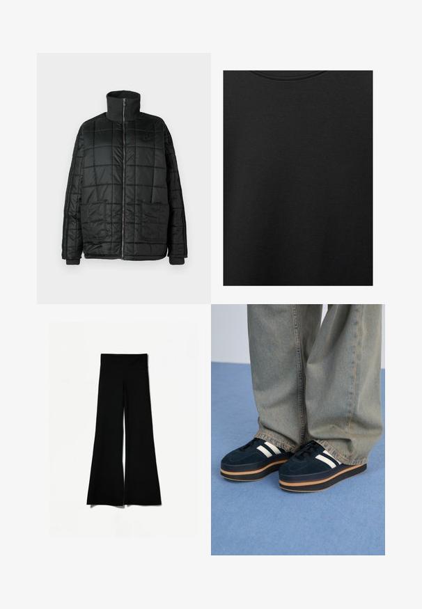 Zwarte gewatteerde jack met hoge kraag, voorrits, twee grote zakken en een doorgestikt design. Voorzien van ribbelmanchetten en kraag voor extra warmte.; Zwarte katoen stof met een soepele textuur en een ronde halslijn, met een subtiele, gelijkmatige nerfpatroon. Geen zichtbare logo's of accenten.; Zwarte flared broek met een wijd ontwerp, voorzien van een gladde textuur en een hoge tailleband. Gemaakt van rekbare stof voor comfort.; Donkerblauwe suède platform sneakers met witte strepen en zwarte veters. Voorzien van een dikke bruine rubberen zool. Gecombineerd met lichtblauwe denim broek.