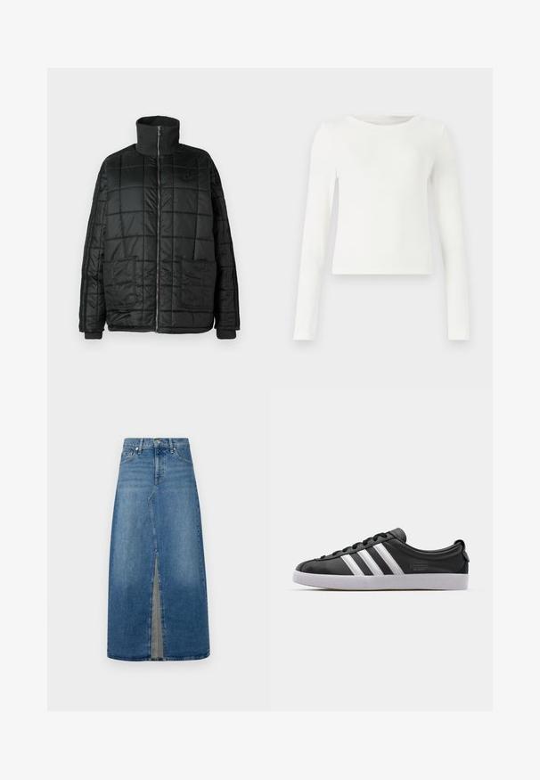 Musta pehmustettu takki korkealla kauluksella, etuvetoketjulla, kahdella suurilla taskulla ja tikatuilla yksityiskohdilla. Varustettu ribbikudotuin hihansuin ja kauluksin lisälämpöä varten.; Valkoinen pitkähihaisten ribbitoppi, jossa on pyöreä kaula-aukko. Sujuva rakenne, tiukka muotoilu eikä näkyviä kuvioita tai yksityiskohtia. Yksinkertainen ja minimalistinen tyyli.; Denim midi-hame, jossa on etureikä. Siinä on istuva vyötärö, vaalea sininen pesu, vyölenkit ja klassinen viiden taskun muotoilu.; Musta nahkakengät valkoisella kolmiraidallisella designilla, pyöreällä varpaalla, litteällä valkoisella kumipohjalla ja brändätyllä yksityiskohdalla sivussa.