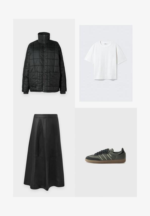 Juodas paminkštintas švarkas su aukštu apykakle, priekinis užtrauktukas, dvi didelės kišenės ir siuvinėta konstrukcija. Įrengti raštuoti rankogaliai ir apykaklė papildomam šilumui.; Balta trumpa rankovė t-shirt marškiniai iš minkštos medvilnės, su apvaliu kaklu ir laisvu siluetu, tiesia apatine dalimi, be raštų ar grafikų.; Juoda odinė midi sijonas su išplatinta siluetu, turintis siūlų detalizavimą ir lygų tekstūrą. Nėra matomų detalių ar akcentų.; adidas Originals SAMBA OG - Sportbačiai - core black/legend earth/gum