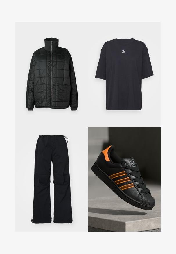 Jachetă neagră căptușită cu guler înalt, fermoar frontal, două buzunare mari și design matlasat. Prezintă manșete și guler ribbate pentru un plus de căldură.; Tricou din bumbac negru cu mâneci scurte, gât rotund, prezentând un logo Adidas alb pe piept. Design simplu, croi lejer.; Pantalonii cargo negri au o talie elastică cu cordon, două buzunare laterale și un design cu picioare lărgi. Confectionați dintr-un material durabil.; Adidași negri cu accente portocalii, trei dungi orizontale, parte superioară din piele texturată, capac de cauciuc pentru vârf și șireturi negre.