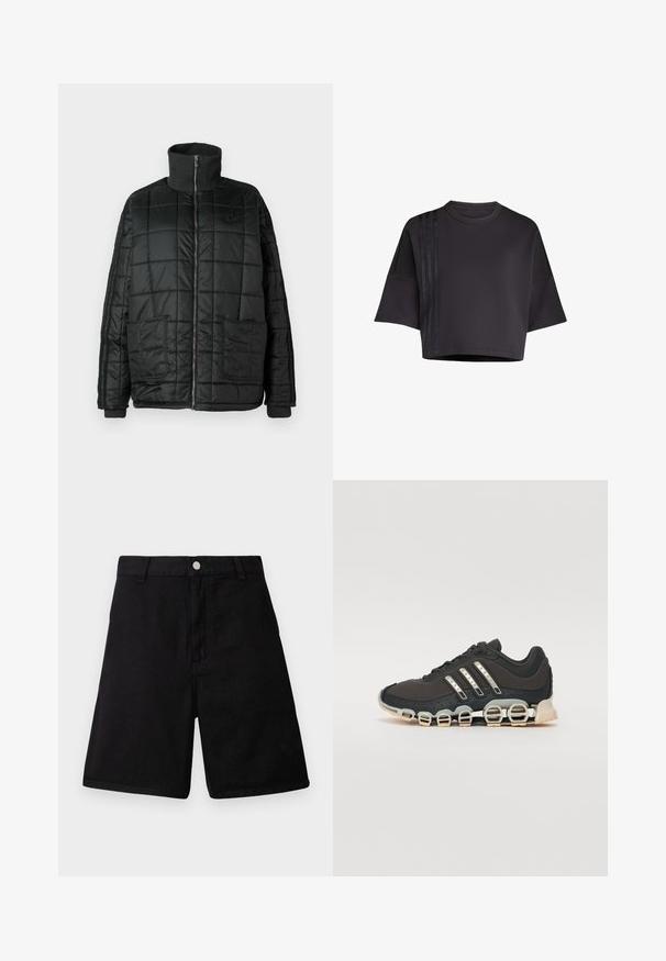 Schwarze gepolsterte Jacke mit hohem Kragen, Frontreißverschluss, zwei großen Taschen und gestepptem Design. Sie verfügt über gerippte Bündchen und einen Kragen für zusätzlichen Wärmeschutz.; Schwarzes, cropped T-Shirt mit Rundhalsausschnitt und lockeren kurzen Ärmeln, das vertikale Satinstreifenakzente auf der linken Seite aufweist. Glatte Textur.; Schwarze Shorts aus strapazierfähigem Stoff, mit geradem Schnitt, Fronttaschen, Reißverschluss und Metallknopfverschluss.; Schwarzer Sportschuh mit einer strukturierten Oberseite, drei silbernen Streifen und einer markanten Dämpfungssohle mit mehreren integrierten Sektionen.