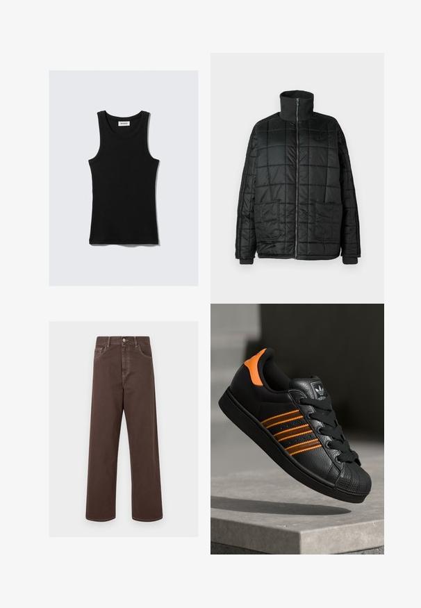 Melns polsterēts mētelis ar augstu apkakli, priekšējo rāvējslēdzēju, divām lielām kabatām un izšuvuma dizainu. Tajā ir ribotas aproces un apkakle papildu siltumam.; Melnas kokvilnas bezmugurkaula krekliņš ar noapaļotu kakla izgriezumu, platām plecu striķiem un pieguļošu siluetu. Ir zīmola uzlīme baltā krāsā.; Brūnas platās denima bikses ar kontrastējošiem šuvēm, piecām kabatām un metāla pogu aizdari. Gluda tekstūra, taisna griezuma.; Melnas kedas ar oranžiem akcentiem, trīs horizontālas svītras, teksturēts ādas augšdaļa, gumijas purngala daļa un melnas auklas.