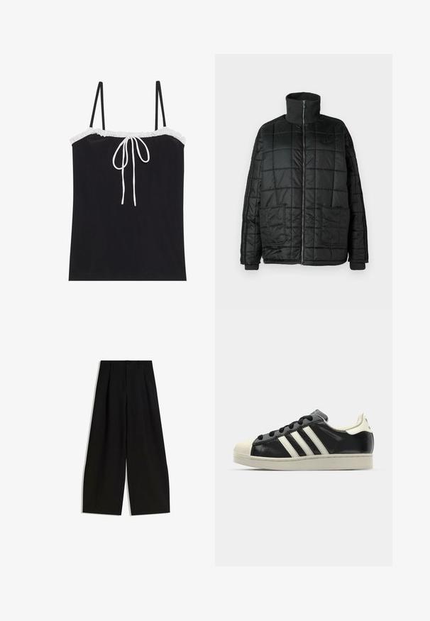 Zwarte gewatteerde jack met hoge kraag, voorrits, twee grote zakken en een doorgestikt design. Voorzien van ribbelmanchetten en kraag voor extra warmte.; Zwarte camisole-top met verstelbare dunne bandjes, voorzien van een witte ruches halslijn en een strikdetail in het midden. Glad textuur, eenvoudig ontwerp.; Zwarte wijde pijpen broek van gladde stof, met een hoge taille, plooien aan de voorkant en geen zichtbare versieringen of patronen.; Zwarte leren sneaker met witte strepen, rubberen teenbescherming, zwarte veters en een crèmekleurige loopzool. Glad oppervlak met een glanzende afwerking.