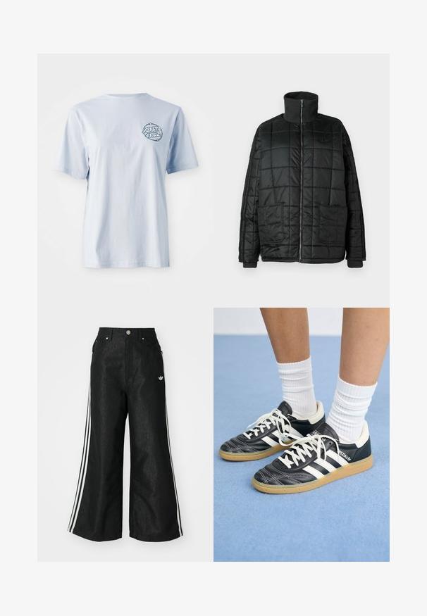 Casaco acolchoado preto com gola alta, fecho frontal, dois bolsos grandes e design matelassado. Apresenta punhos e gola canelados para maior calor.; T-shirt de algodão azul claro com mangas curtas, apresentando um logótipo gráfico circular em azul escuro na zona do peito esquerdo.; Calças de denim largas pretas com três riscas brancas em cada lado e um pequeno logótipo branco. Apresenta bolsos frontais e um fecho de botão.; Sapatilhas de couro preto com riscas brancas, biqueira redonda, atacadores brancos e sola de borracha de goma. Destacadas pelo colarinho acolchoado e detalhes de marca.