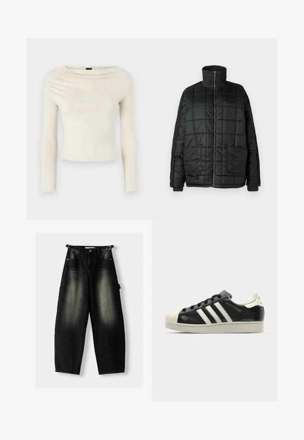 Fekete párnázott dzseki magas gallérral, elülső cipzárral, két nagy zsebbel és steppelt mintázattal. Bordás mandzsetta és nyak biztosítja a plusz meleget.; Gina Tricot Hosszú ujjú felső - turtledove; Bő fekete farmernadrág, elhalványult textúrával, öt zsebbel és egy hurkkal a derékon. A dizájn laza illeszkedést és egyenes lábakat kínál.; Fekete bőrsneaker fehér csíkokkal, gumírozott orral, fekete fűzővel és krém színű talppal. Simaság és fényes felület jellemzi.
