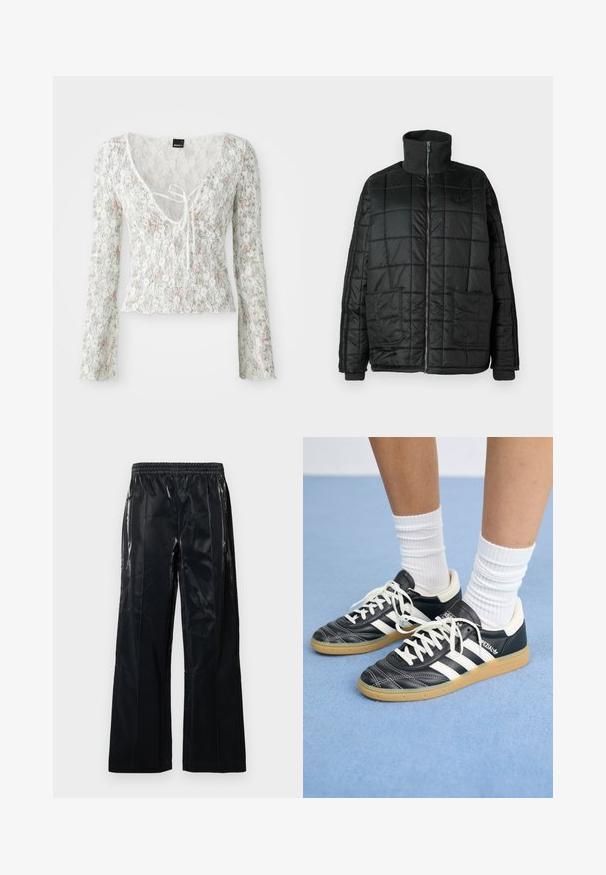 Fekete párnázott dzseki magas gallérral, elülső cipzárral, két nagy zsebbel és steppelt mintázattal. Bordás mandzsetta és nyak biztosítja a plusz meleget.; Fehér csipke felső hosszú ujjakkal, világos rózsaszín és zöld virágmintával, V kivágással, megkötő díszítéssel és fodros aljjal.; Fekete, széles szárú nadrág fényes anyagból. Rugalmas derékpánttal és függőleges varratokkal a struktúra és a dizájn érdekében. Sima textúra.; Fekete bőr sportcipők fehér csíkokkal, kerek orral, fehér fűzővel és gumírozott talppal. Párnázott bokarész és márkajelzések emelik ki.