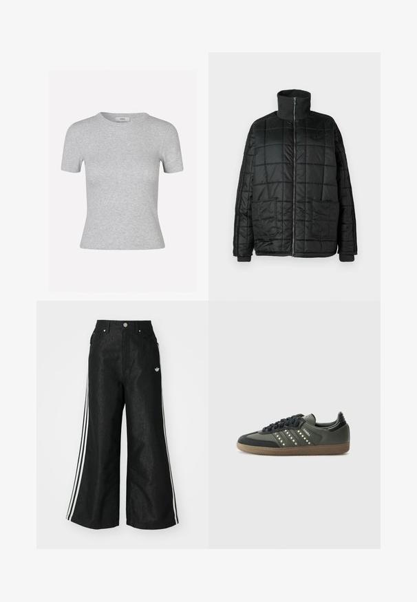 Giacca nera imbottita con collo alto, zip frontale, due ampie tasche e design trapuntato. Presenta polsini e colletto a coste per una maggiore calda.; T-shirt grigio a maniche corte con texture a coste, scollatura rotonda e forma aderente, con un'etichetta del marchio discreta.; Pantaloni in denim neri a gamba larga con tre strisce bianche su ciascun lato e un piccolo logo bianco. Presentano tasche frontali e chiusura con bottone.; adidas Originals SAMBA OG - Sneakers basse - core black/legend earth/gum