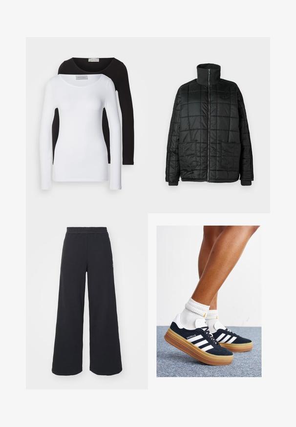 Casaco acolchoado preto com gola alta, fecho frontal, dois bolsos grandes e design matelassado. Apresenta punhos e gola canelados para maior calor.; Camisas de manga longa em algodão branco e preto, com decote redondo e um design ajustado. Etiqueta visível no pescoço.; Calças de fato largas, pretas, feitas de tecido macio, com uma cintura elástica e um pequeno logótipo do lado esquerdo.; Ténis de camurça preta com riscas e detalhes brancos, biqueira arredondada, sola em borracha cor de goma, combinados com meias brancas caneladas até à altura do tornozelo.