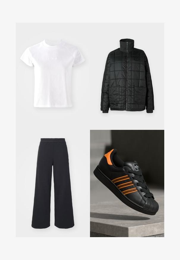 Must-valge puhvis jakk kõrge kaelusega, esiosal tõmblukk, kaks suurt taskut ja tikandiga disain. Omab ribatud mansette ja kaelust, et pakkuda rohkem soojust.; Valge lühikeste varrukatega T-särk ümmarguse kaelusega, valmistatud pehmest puuvillast materjalist. Ees on diskreetne logo ning lõige on vabalt langev.; Mustad laiad spordipüksid, mis on valmistatud pehmest kangast, elastse vöökohtaga ja väikese logoga vasakul küljel.; Mustad mustad mustad oranzhides üksikasjad, kolm horisontaalset triipu, tekstureeritud nahk pealisosa, kummist varbaosa ja mustad paelad.