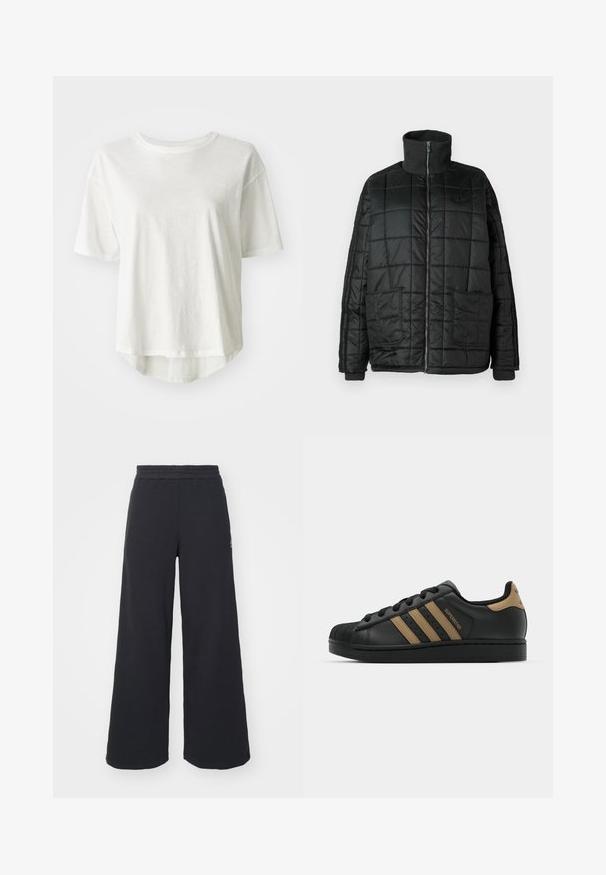 Must-valge puhvis jakk kõrge kaelusega, esiosal tõmblukk, kaks suurt taskut ja tikandiga disain. Omab ribatud mansette ja kaelust, et pakkuda rohkem soojust.; Valge lühikeste varrukatega T-särk, ümar kaelus, kerge materjal, veidi pikem tagumine äär, sile tekstuur koos kergelt läikiva pinnaga.; Mustad laiad spordipüksid, mis on valmistatud pehmest kangast, elastse vöökohtaga ja väikese logoga vasakul küljel.; Must have nahkkingad, millel on kolm pruuni triipu, tekstuuriga kummine varvas, paelad ees ja lame must tald. Sobilikult on kanna peal diskreetne logo.