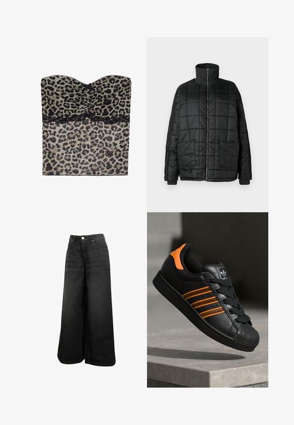 Crna podstavljena jakna s visokim ovratnikom, prednjim zatvaračem, dva velika džepa i kviltanim dizajnom. Ima rebraste manžete i ovratnik za dodatnu toplinu.; Top bez naramenica u leopard uzorku s naboranim teksturom, s crnim čipkastim rubom na dnu, izrađen od lagane tkanine.; Crne traperice širokih nogavica s visokim strukom, prednjim kopčanjem, džepovima i suptilnim logotipom na prednjem džepu.; Crni tenisice s narančastim naglascima, tri horizontalne pruge, teksturirani kožni gornji dio, gumen kapica za prste i crne vezice.