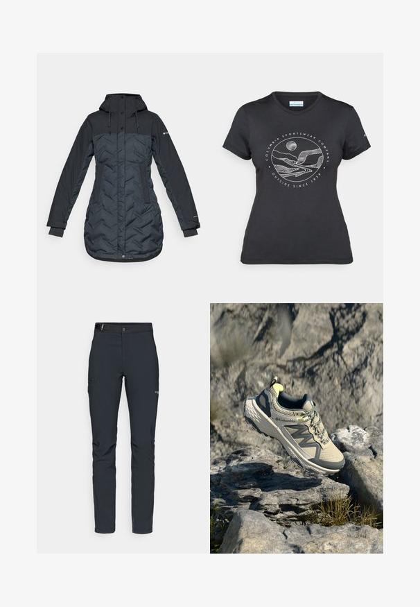 Casaco de inverno isolado, longo, em azul marinho escuro, com capuz, cordões ajustáveis, bolsos laterais e fecho frontal com zíper coberto por botões de pressão.; T-shirt preto da Columbia com arte em linha branca circular representando montanhas e rios, e o texto "Columbia Sportswear Company Outside Since 1938."; Calças de exterior para homens, cinza escuro, feitas de material flexível, com cinto, bolsos com fecho éclair e costuras reforçadas.; Sapatilha de trail running Columbia em bege claro e cinza. Parte superior em malha com detalhes texturizados, sola de borracha e acabamentos refletivos. Design leve.