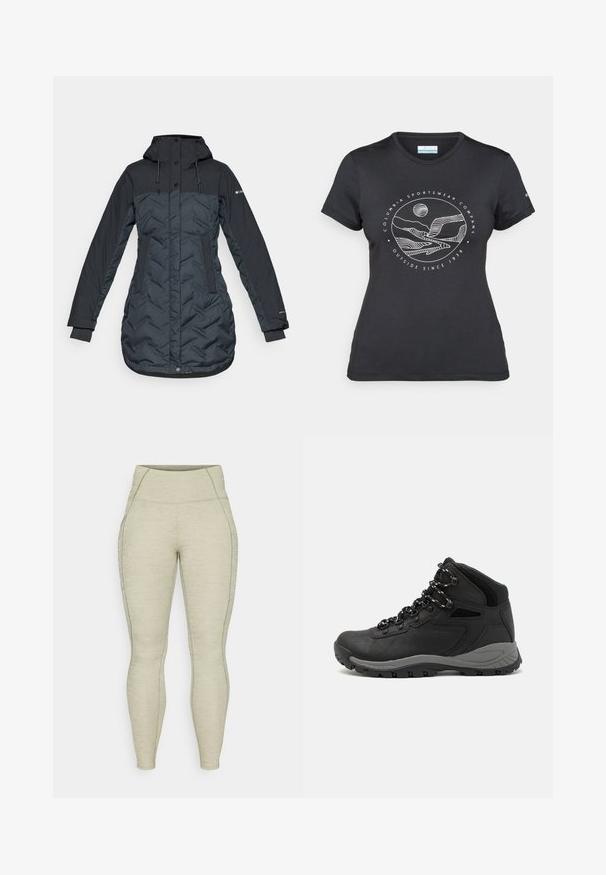 Abrigo de invierno largo, acolchado, de color azul marino oscuro, con capucha, cordones ajustables, bolsillos laterales y cierre frontal con cremallera cubierto por botones de presión.; Camiseta negra de Columbia con un arte lineal circular de montaña y río en blanco y el texto "Columbia Sportswear Company Fuera desde 1938."; Leggings deportivos de color gris claro con una cintura alta, material texturizado, costuras suaves y detalle de bolsillo lateral. Diseño ajustado en todo el cuerpo.; Bota de senderismo negra con un diseño de medio caña, que cuenta con una parte superior texturizada, acentos grises y una suela de goma duradera con tacos de tracción.