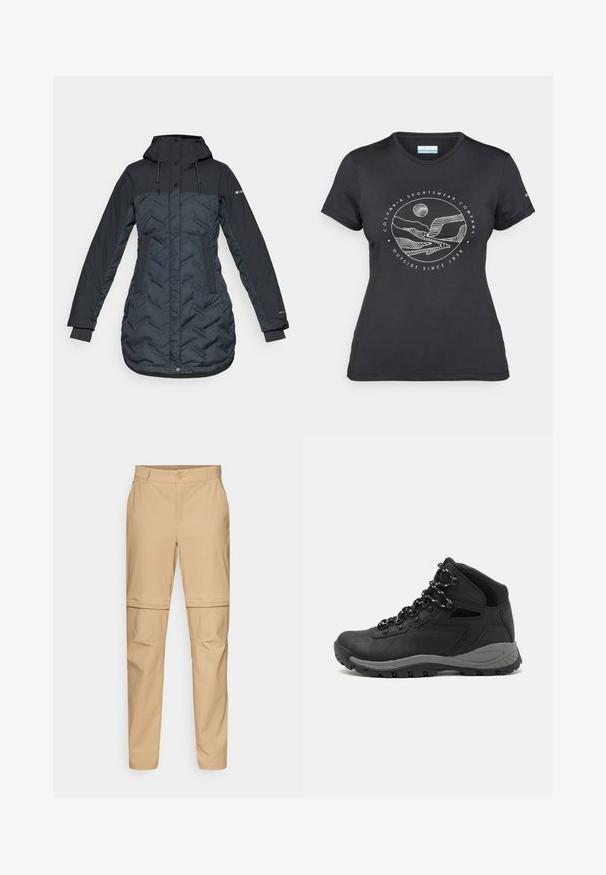 Lang, mørk marineblå isolert vinterjakke med hette, justerbare snoretrekk, sidelommer og glidelås foran dekket av trykknapper.; Svart Columbia t-skjorte med hvit sirkulær fjell- og elvlinjekunst og tekst "Columbia Sportswear Company Outside Since 1938."; Beige zip-off cargo-bukser med flatts front, knapplukking og smale ben. Laget av lettvektig stoff med en glatt tekstur.; Sorte turstøvler med mid-topp design, som har en teksturert overdel, grå detaljer og slitesterk gummisåle med godt grep.