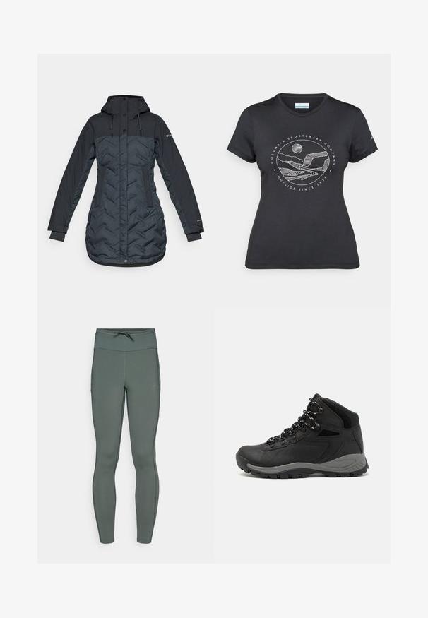 Hosszú, sötét tengerészkék szigetelt télikabát kapucnival, állítható húzózsinórokkal, oldalsó zsebekkel és cipzárral, amelyet patent gombok takarnak.; Fekete Columbia póló fehér, kör alakú hegy és folyó vonalrajzzal, valamint a "Columbia Sportswear Company Outside Since 1938" felirattal.; Magas derekú leggings, tompított zöld színben, rugalmas anyagból készült, sima felülettel és lapos varrásokkal; állítható derékzsinórral rendelkezik.; Fekete túracipő közepes magasságú kialakítással, texturált felsőrésszel, szürke részletekkel és strapabíró gumitalppal, amelynek tapadós kiemelkedései vannak.