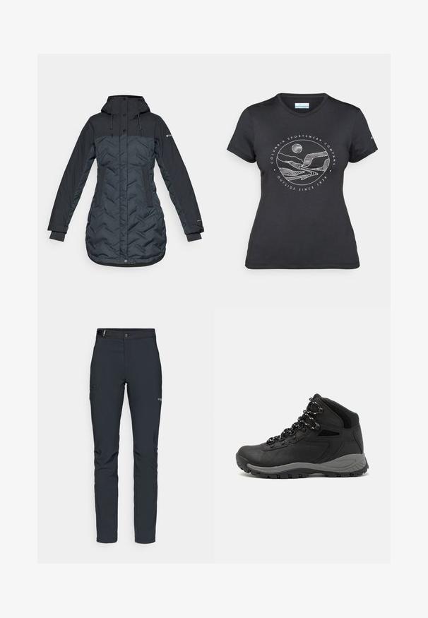 Long, dark navy blue insulated winter coat with hood, adjustable drawstrings, side pockets, and zip front covered by snap buttons.; Black Columbia t-shirt with white circular mountain and river line art and text "Columbia Sportswear Company Outside Since 1938."; Men's outdoor pants, dark gray, made from flexible material, featuring a belt, zippered pockets, and reinforced stitching.; Black hiking boot with a mid-top design, featuring a textured upper, gray accents, and durable rubber sole with traction lugs.