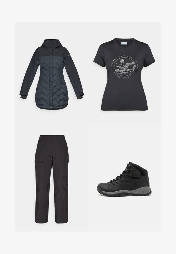 Langer, dunkelmarineblauer, isolierter Wintermantel mit Kapuze, verstellbaren Kordeln, Seitentaschen und durch einen Reißverschluss verdecktem Druckknopfverschluss.; Schwarzes Columbia-T-Shirt mit weißer kreisförmiger Berg- und Fluss-Linienkunst und dem Text "Columbia Sportswear Company - Draußen seit 1938."; Schwarze Cargo-Hosen aus strapazierfähigem Stoff, mit mehreren Seitentaschen, einem Knopfverschluss und einer lockeren Passform mit geraden Beinen.; Schwarzer Wanderstiefel mit einem mittelhohen Design, ausgestattet mit einer strukturierten Oberfläche, grauen Akzenten und einer robusten Gummisohle mit Profilstollen.