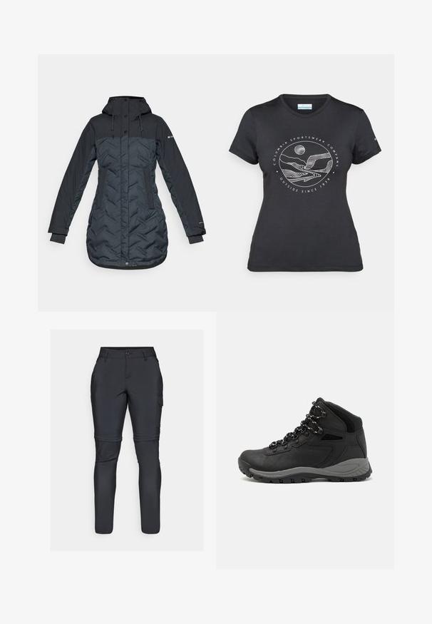 Casaco de inverno isolado, longo, em azul marinho escuro, com capuz, cordões ajustáveis, bolsos laterais e fecho frontal com zíper coberto por botões de pressão.; T-shirt preto da Columbia com arte em linha branca circular representando montanhas e rios, e o texto "Columbia Sportswear Company Outside Since 1938."; Calças cargo pretas feitas de um tecido leve e elástico. Apresentam joelhos articulados, bolsos laterais e um design ajustado para mobilidade.; Bota de caminhada preta com design de cano médio, apresentando um upper texturizado, detalhes cinzentos e sola de borracha durável com cravos de tração.