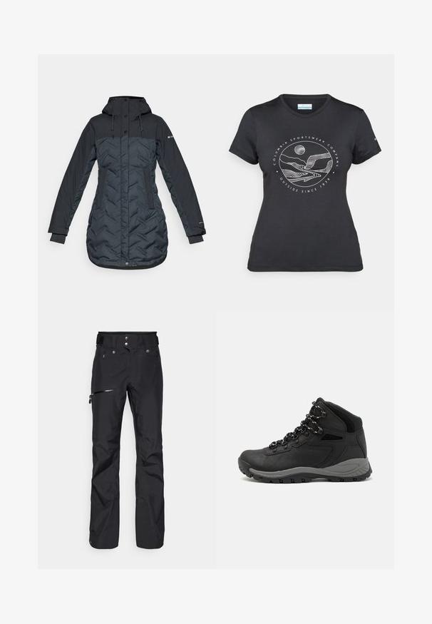 Casaco de inverno isolado, longo, em azul marinho escuro, com capuz, cordões ajustáveis, bolsos laterais e fecho frontal com zíper coberto por botões de pressão.; T-shirt preto da Columbia com arte em linha branca circular representando montanhas e rios, e o texto "Columbia Sportswear Company Outside Since 1938."; Calças de exterior pretas, feitas de material resistente à água, com um bolso lateral com fecho e um cós ajustável para um ajuste seguro.; Bota de caminhada preta com design de cano médio, apresentando um upper texturizado, detalhes cinzentos e sola de borracha durável com cravos de tração.