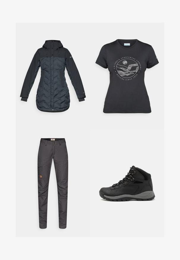 Ilgas, tamsiai mėlynas izoliuotas žiemos paltas su kapučonu, reguliuojamais raišteliais, šoninėmis kišenėmis ir užtrauktuku, uždengtu mygtukais.; Juodas "Columbia" marškinėliai su balta apskrita kalnų ir upės linijų grafika bei tekstu "Columbia Sportswear Company Lauke nuo 1938 metų."; Pilkos, lengvos krovinių kelnės su glaustais siluetais, kairėje pusėje kišenė, sustiprinti keliai ir odinis logotipo pleistras.; Juodas žygio botas su vidutinio aukščio dizainu, pasižymintis tekstūruota viršutine dalimi, pilkų akcentų ir patvaria guma padanga su sukibimo gumbais.