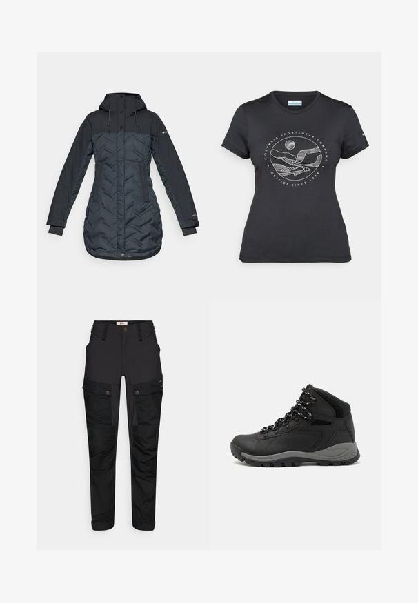 Hosszú, sötét tengerészkék szigetelt télikabát kapucnival, állítható húzózsinórokkal, oldalsó zsebekkel és cipzárral, amelyet patent gombok takarnak.; Fekete Columbia póló fehér, kör alakú hegy és folyó vonalrajzzal, valamint a "Columbia Sportswear Company Outside Since 1938" felirattal.; Fekete cargo nadrág tartós anyagból, több zsebbel, cipzáras pattenttal és lapos derékkal. Texturált térd- és oldaldíszítések.; Fekete túracipő közepes magasságú kialakítással, texturált felsőrésszel, szürke részletekkel és strapabíró gumitalppal, amelynek tapadós kiemelkedései vannak.