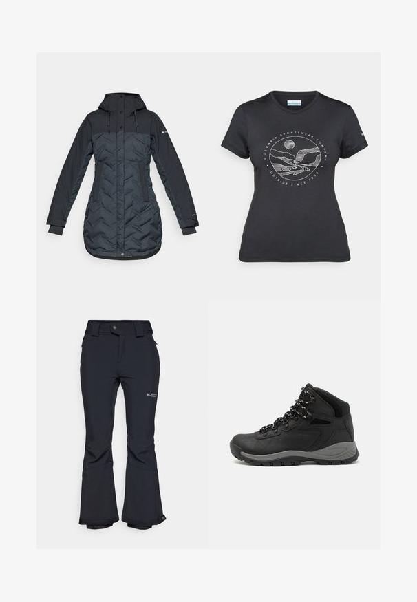 Casaco de inverno isolado, longo, em azul marinho escuro, com capuz, cordões ajustáveis, bolsos laterais e fecho frontal com zíper coberto por botões de pressão.; T-shirt preto da Columbia com arte em linha branca circular representando montanhas e rios, e o texto "Columbia Sportswear Company Outside Since 1938."; Calças de esqui impermeáveis pretas com um bolso com fecho, pernas largas e um logótipo na coxa. Apresenta material durável e punhos reforçados.; Bota de caminhada preta com design de cano médio, apresentando um upper texturizado, detalhes cinzentos e sola de borracha durável com cravos de tração.