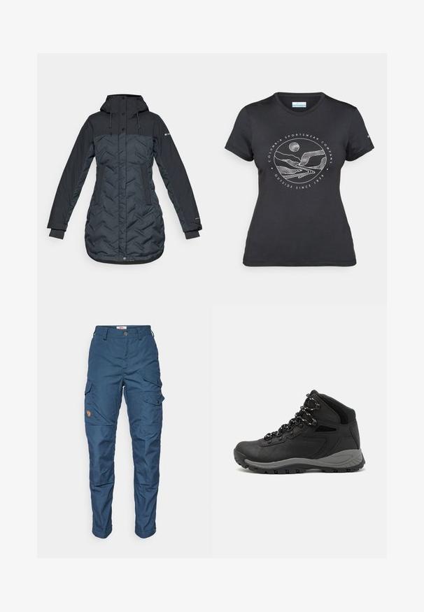 Casaco de inverno isolado, longo, em azul marinho escuro, com capuz, cordões ajustáveis, bolsos laterais e fecho frontal com zíper coberto por botões de pressão.; T-shirt preto da Columbia com arte em linha branca circular representando montanhas e rios, e o texto "Columbia Sportswear Company Outside Since 1938."; Calças de carga azul-marinho feitas de um tecido durável, com vários bolsos laterais, fecho de botão e um emblema na coxa direita.; Bota de caminhada preta com design de cano médio, apresentando um upper texturizado, detalhes cinzentos e sola de borracha durável com cravos de tração.