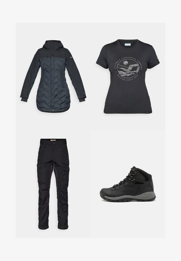 Lång, mörk marinblå isolerad vinterjacka med huva, justerbara dragsnören, sidofickor och dragkedja som är täckt av tryckknappar.; Svart Columbia-t-shirt med vit cirkulär linjekonst av berg och flod samt texten "Columbia Sportswear Company Outside Since 1938."; Svarta cargobyxor med flera fickor, dragkedjestängningar och en slät textur. Har en knappstängning fram och förstärkta knäsektioner.; Svart vandringskänga med mellanhög design, som har en texturerad överdel, grå accenter och en slitstark gummisula med greppklackar.